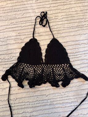 Y2K Gypsy Rose Hand-crochet Black Tie Crop Top